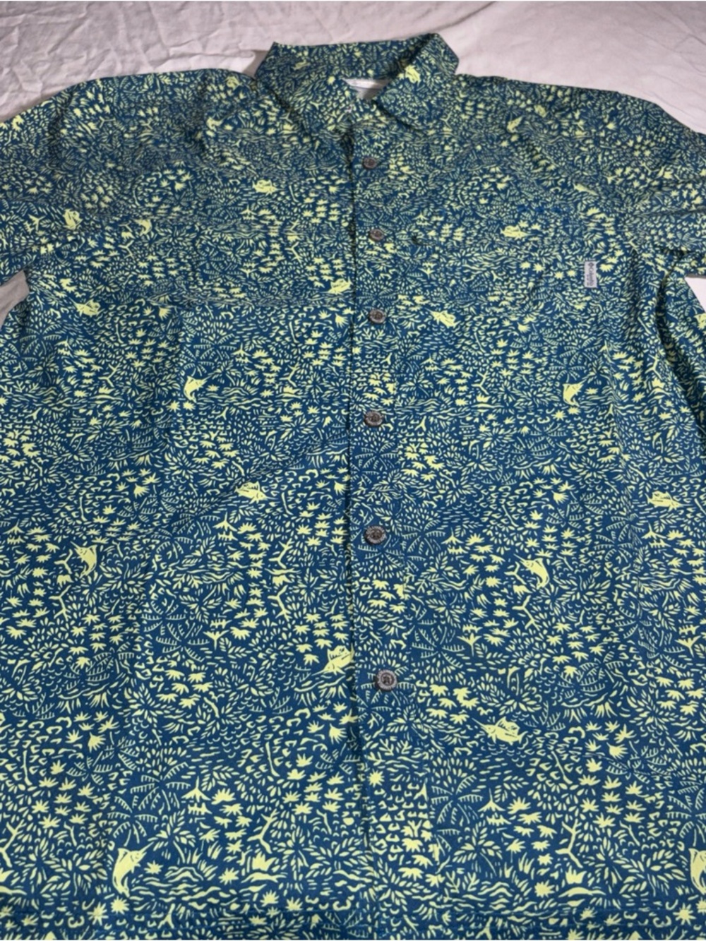 Columbia Teal and Lime Patterned Button-Down Shirt